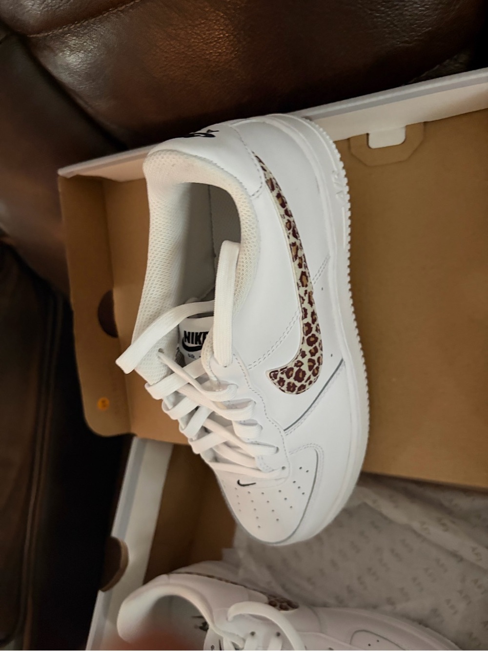 Nike Kids White Sneakers with Leopard Print Swoosh